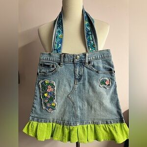 Handmade Upcycled Shoulder/Tote Bag, Blue/Green, Embroidered